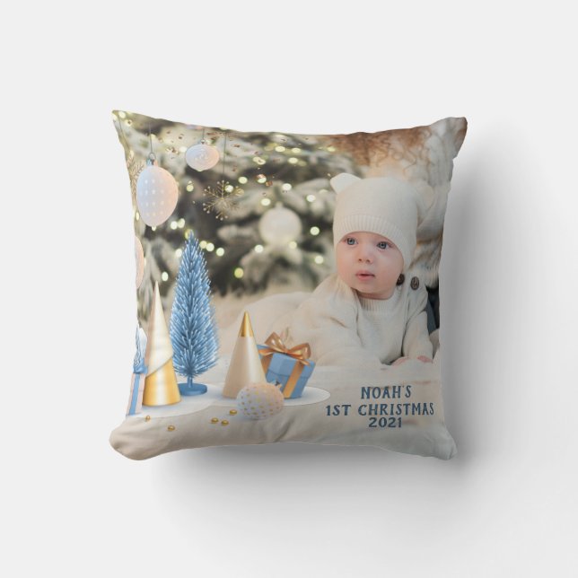 Personalize Name & Photo Baby's 1st Christmas Throw Pillow (Front)