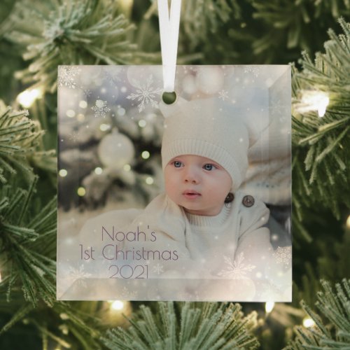 Personalize Name  Photo Babys First Christmas  2 Glass Ornament