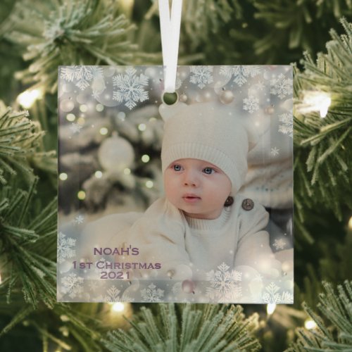 Personalize Name  Photo Babys First Christmas  3 Glass Ornament