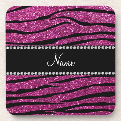 Personalize name pink glitter zebra stripes beverage coaster