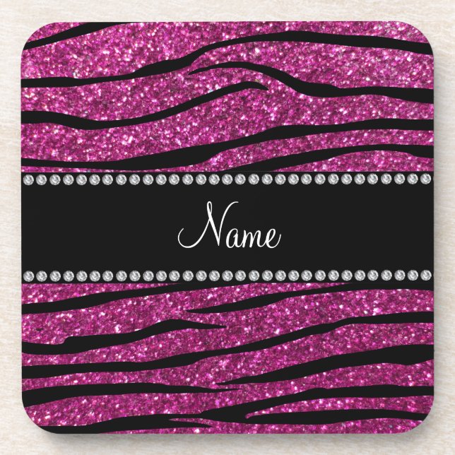 Personalize name pink glitter zebra stripes beverage coaster (Front)