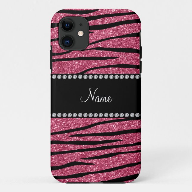 Personalize name pink glitter zebra stripes Case-Mate iPhone case (Back)