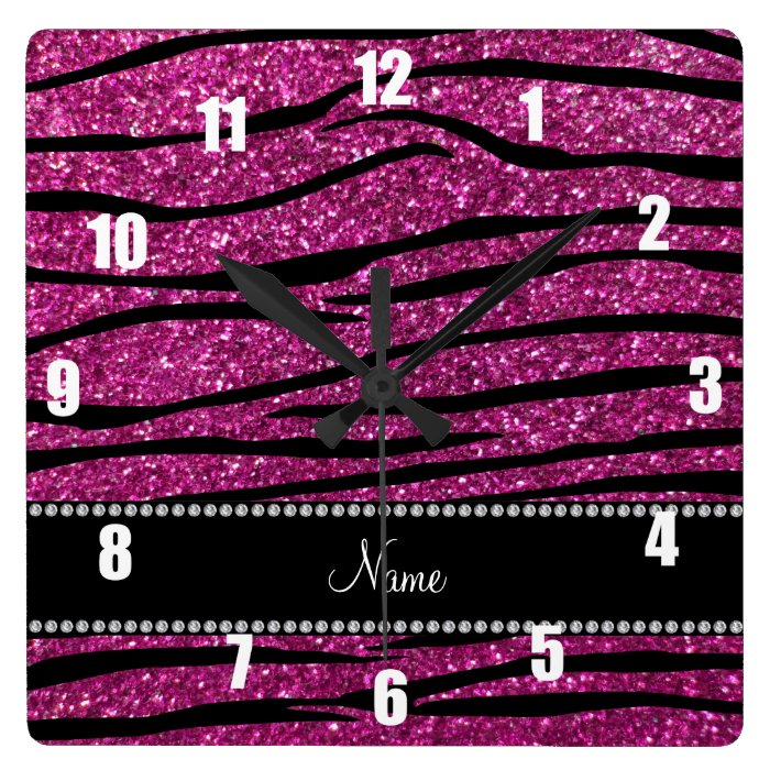 Personalize name pink glitter zebra stripes square wall clock