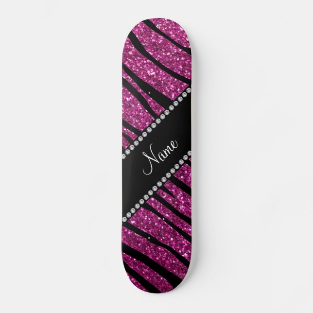 Personalize name pink glitter zebra stripes skateboard deck (Front)