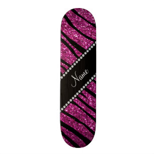 Personalize name pink glitter zebra stripes skateboard deck