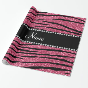 Personalize name pink glitter zebra stripes wrapping paper