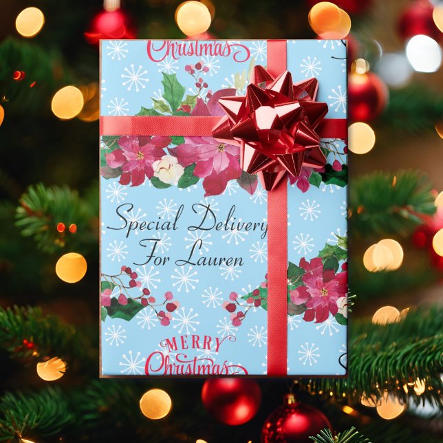 Personalize Name Poinsettia Snowflakes Christmas W Wrapping Paper (Creator Uploaded)