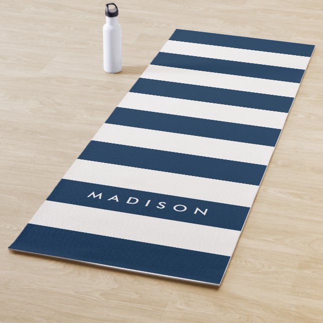 Personalize Name Preppy Navy Blue & White Stripes Yoga Mat (In Situ)