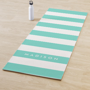 Personalize Name Preppy Turquoise & White Stripes Yoga Mat
