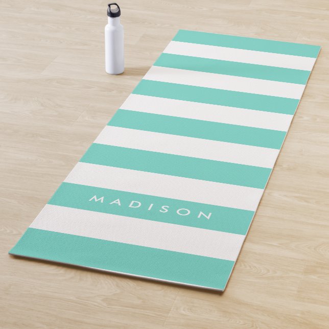 Personalize Name Preppy Turquoise & White Stripes Yoga Mat (In Situ)