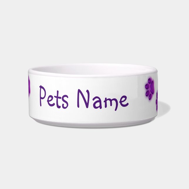 Personalize Name Purple Paws Ceramic Pet Bowl (Front)