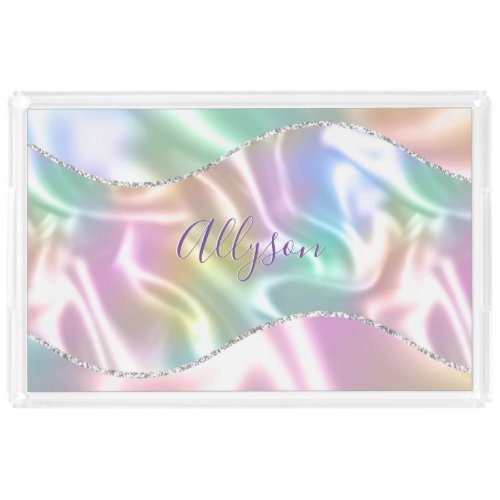 Personalize Name Purple Script Iridescent Wave Acrylic Tray