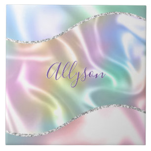 Personalize Name Purple Script, Iridescent Wave Ceramic Tile