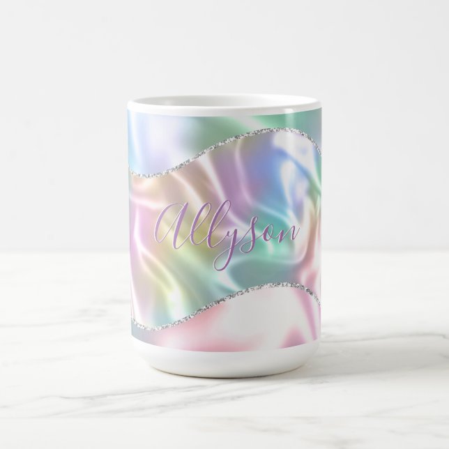 Personalize Name Purple Script, Iridescent Wave Coffee Mug (Center)