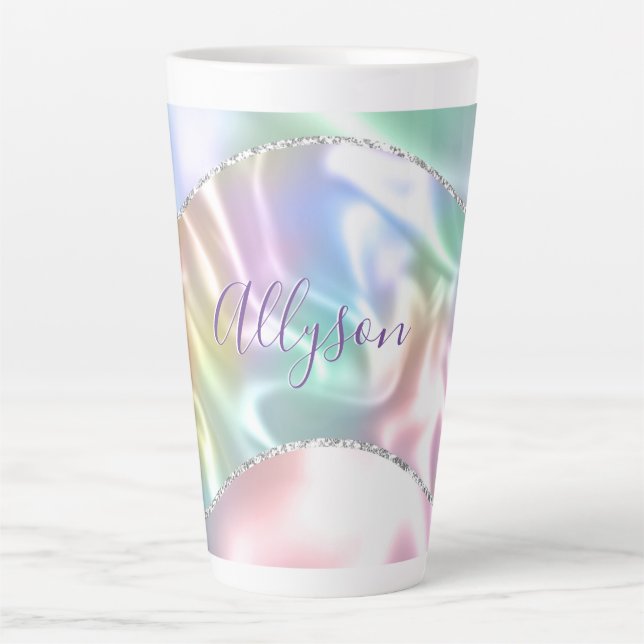 Personalize Name Purple Script, Iridescent Wave Latte Mug (Front)