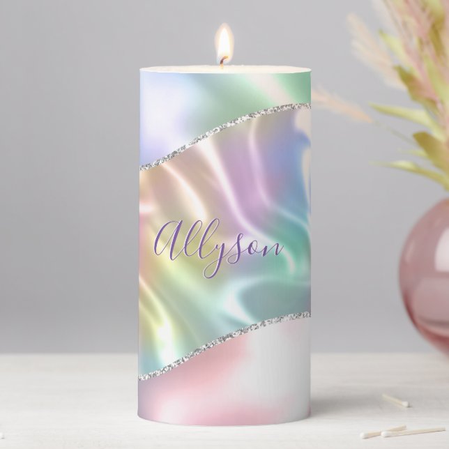Personalize Name Purple Script, Iridescent Wave Pillar Candle (In Situ)