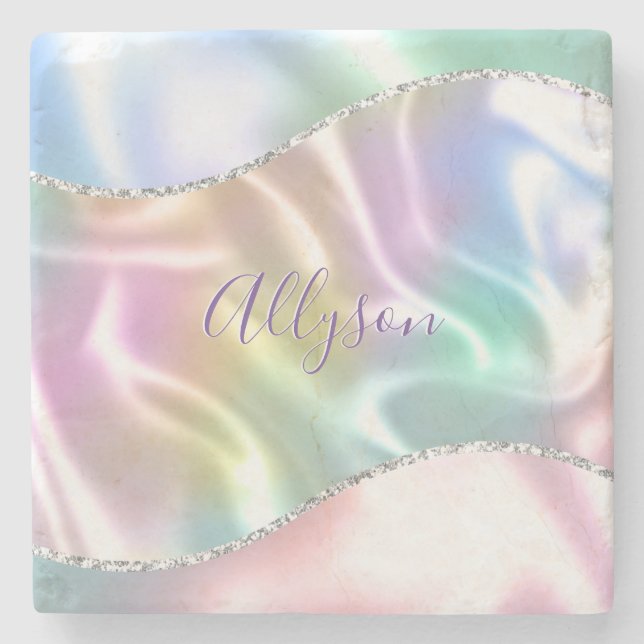 Personalize Name Purple Script, Iridescent Wave Stone Coaster (Front)