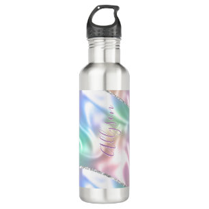 Personalize Name Purple Script Vertical Iridescent Stainless Steel Water Bottle