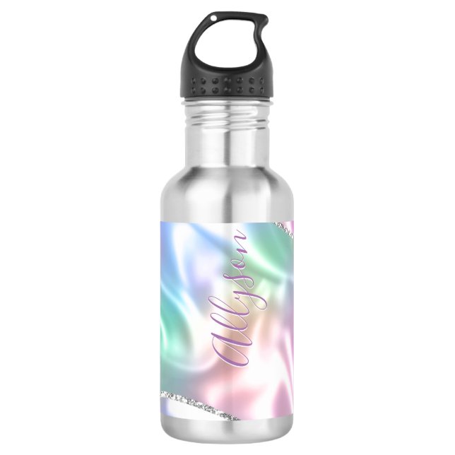 Personalize Name Purple Script Vertical Iridescent Stainless Steel Water Bottle (Front)