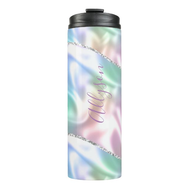 Personalize Name Purple Script Vertical Iridescent Thermal Tumbler (Front)
