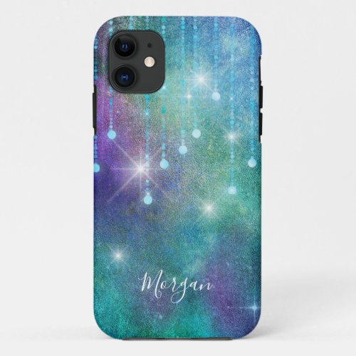 Personalize Name Purple  Teal Lights  Sparkle  iPhone 11 Case