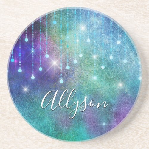 Personalize Name Purple  Teal Lights  Sparkle Coaster