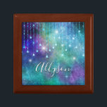 Personalize Name, Purple & Teal, Lights & Sparkle Gift Box<br><div class="desc">Personalize name in white script on purple and teal background with hanging lights and sparkle. Click “Customize” to change colors and type styles.</div>