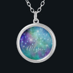 Personalize Name, Purple & Teal, Lights & Sparkle Silver Plated Necklace<br><div class="desc">Personalize name in white script on purple and teal background with hanging lights and sparkle. Click “Customize” to change colors and type styles.</div>