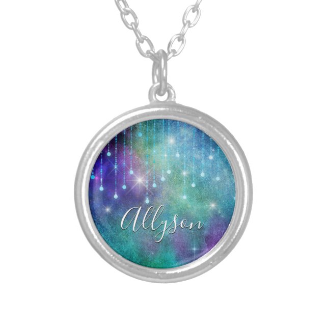 Personalize Name, Purple & Teal, Lights & Sparkle Silver Plated Necklace (Front)
