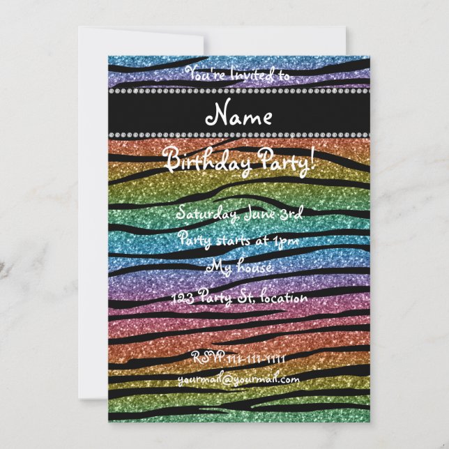 Personalize name rainbow glitter zebra stripes invitation (Front)