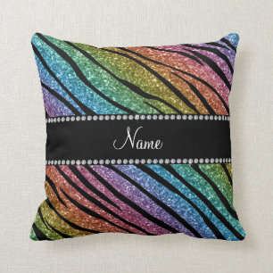 Personalize name rainbow glitter zebra stripes throw pillow