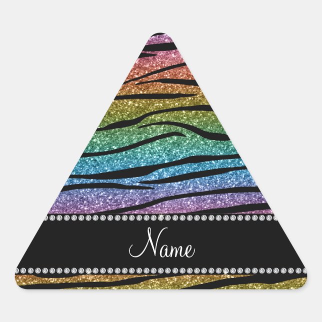 Personalize name rainbow glitter zebra stripes triangle sticker (Front)