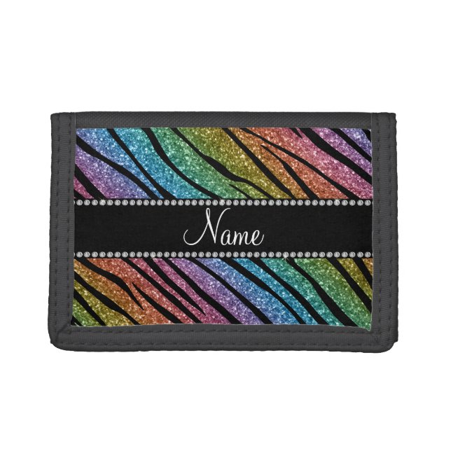 Personalize name rainbow glitter zebra stripes trifold wallet (Front)