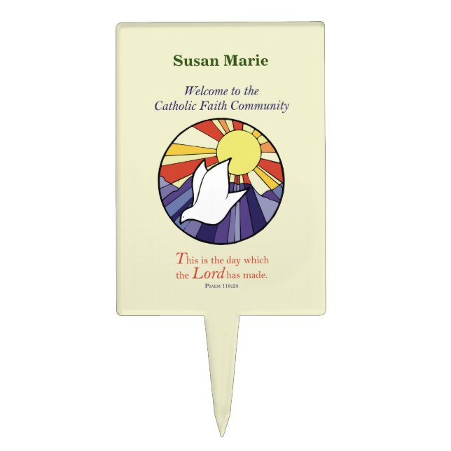 Personalize Name, RCIA Dove Circle on Yellow Cake Topper (Front)