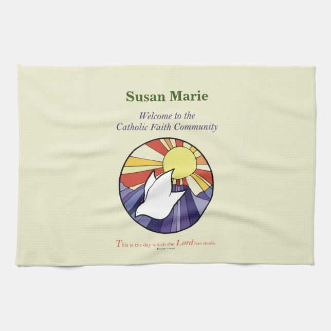 Personalize Name, RCIA Dove Circle on Yellow Kitchen Towel (Horizontal)