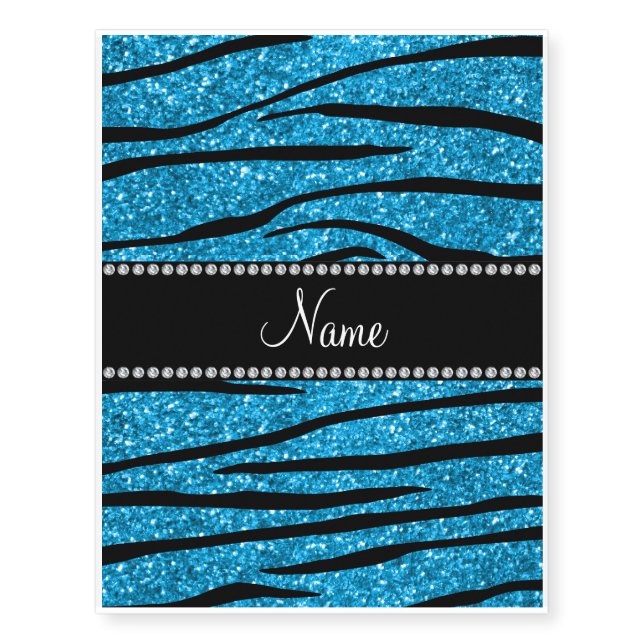 Personalize name sky blue glitter zebra stripes temporary tattoos (Front)