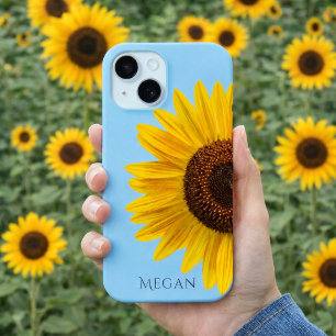 Personalize Name Sky Blue Yellow Sunflower iPhone 15 Case