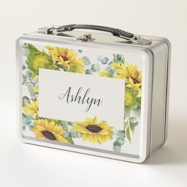 Personalize Name Sunflower Script Font Metal Lunch Box (Front)