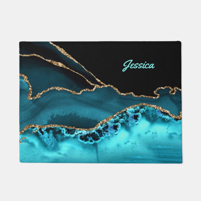 Personalize Name Teal Script on Black/Teal Agate Doormat (Front)