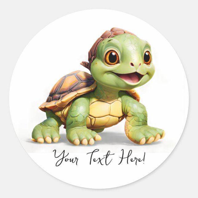 Personalize Name Text Cute Turtle Cartoon Classic Round Sticker (Front)