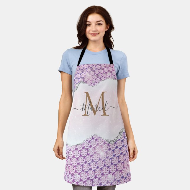 Personalize Name Trendy Pink Purple Silver Agate Apron (Worn)