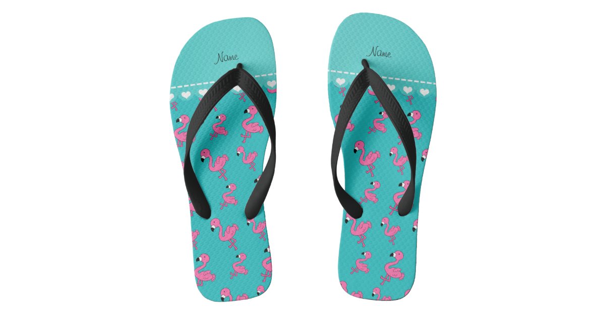 Personalize name turquoise pink flamingos flip flops | Zazzle