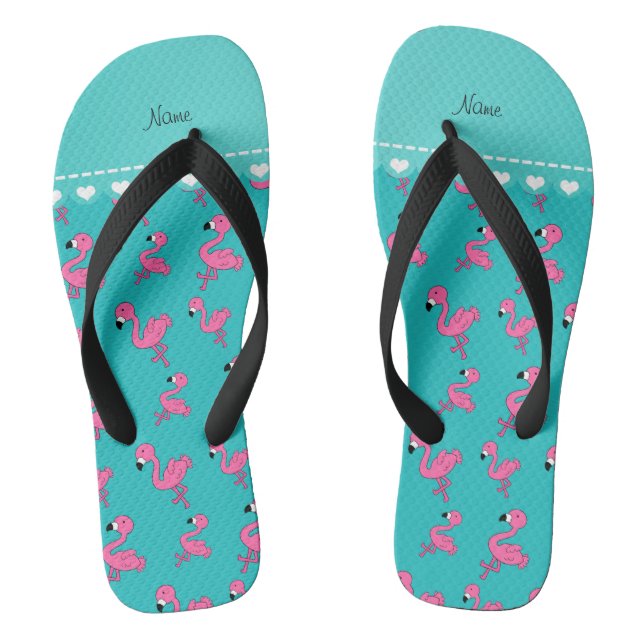 Personalize name turquoise pink flamingos flip flops (Footbed)