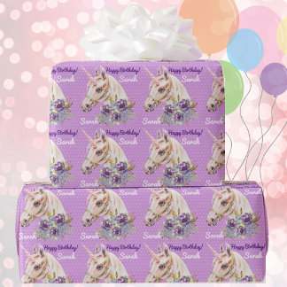 Personalize Name Unicorn Girls Birthday Gift Wrapping Paper