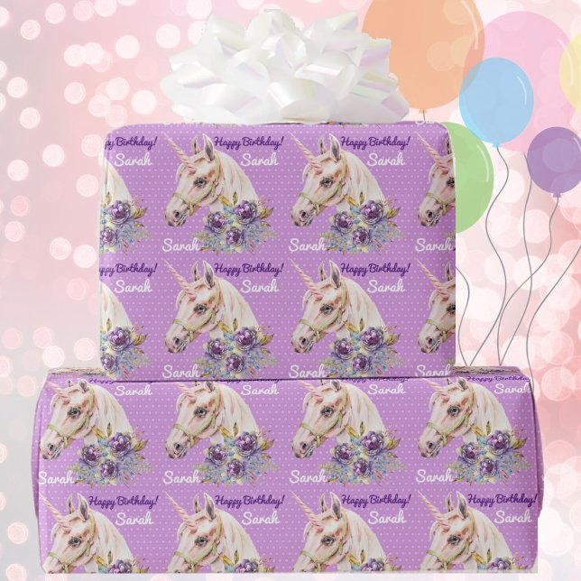 Personalize Name Unicorn Girls Birthday Gift Wrapping Paper (Creator Uploaded)