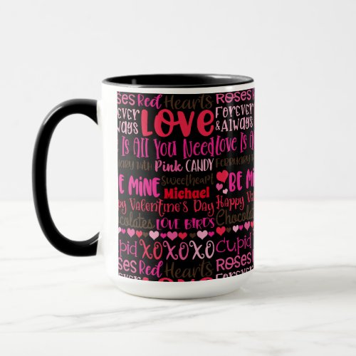 Personalize Name Valentines Day Red Hearts Black Mug