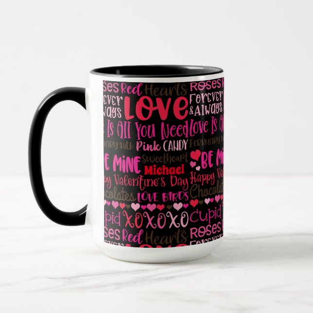 Personalize Name Valentines Day Red Hearts Black Mug (Left)
