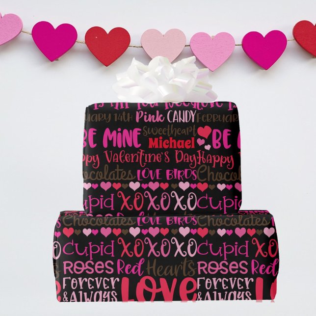 Personalize Name Valentine's Day Red Pink Hearts Wrapping Paper (Creator Uploaded)