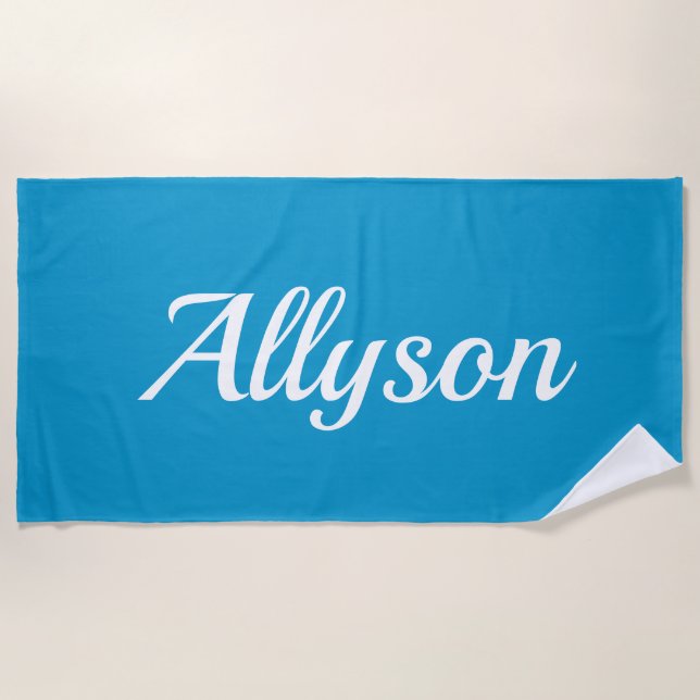 Personalize Name, White Script / Blue Beach Towel (Front)