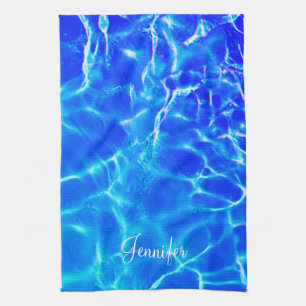 Personalize Name, White Script, Blue Pool Water Kitchen Towel